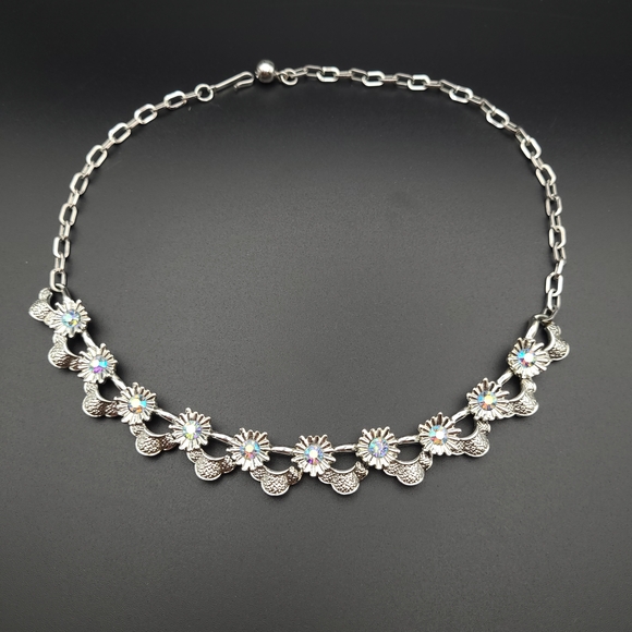 Coro Signed Silver Floral Choker Necklace with Irridescent Blue Crystals - Picture 2 of 7